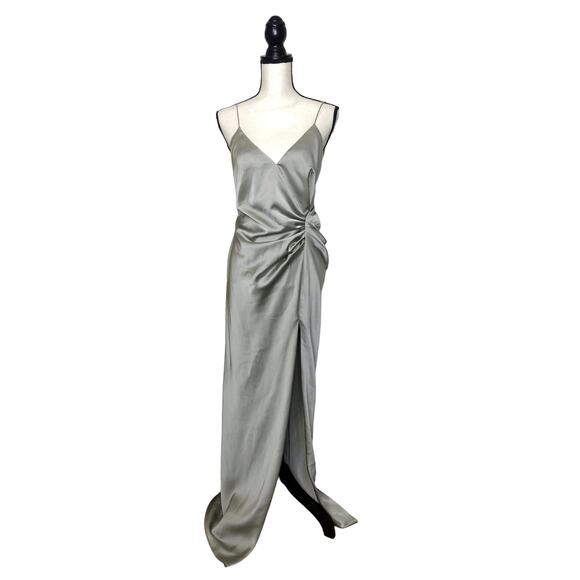 Asos EDITION Gown Satin Maxi Gathered Side Thigh Slit Silver Sage Plunge Back 6 - Picture 1 of 8